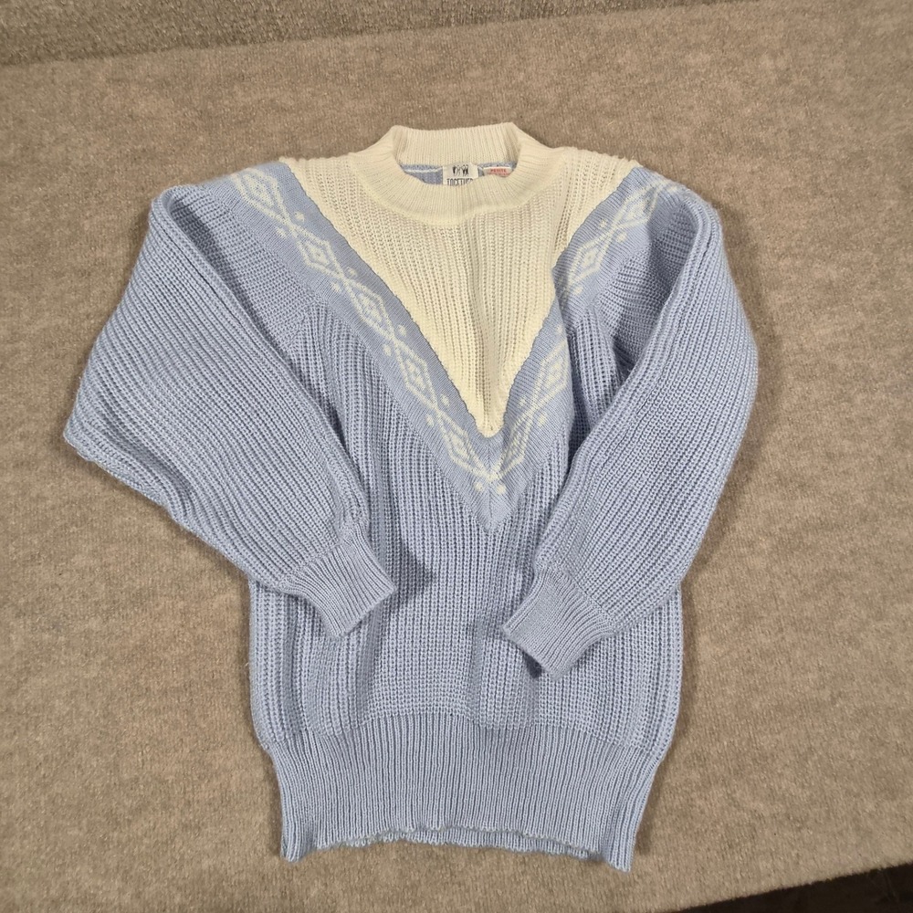 Vintage Together! Blue Cream Geometric V-Yoke Chunky Knit Sweater Petite Medium